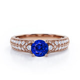 Antique 4 Prong 1.50 Carat Round Cut Sapphire And Diamond Vintage Milgrain Layered Engagement Ring In Rose Gold
