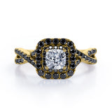 Rounded Square Double Halo -  0.5 TCW Princess Cut Diamond with Lab Created Black Diamond - Infinity Pave Engagement Ring - 10K White Gold