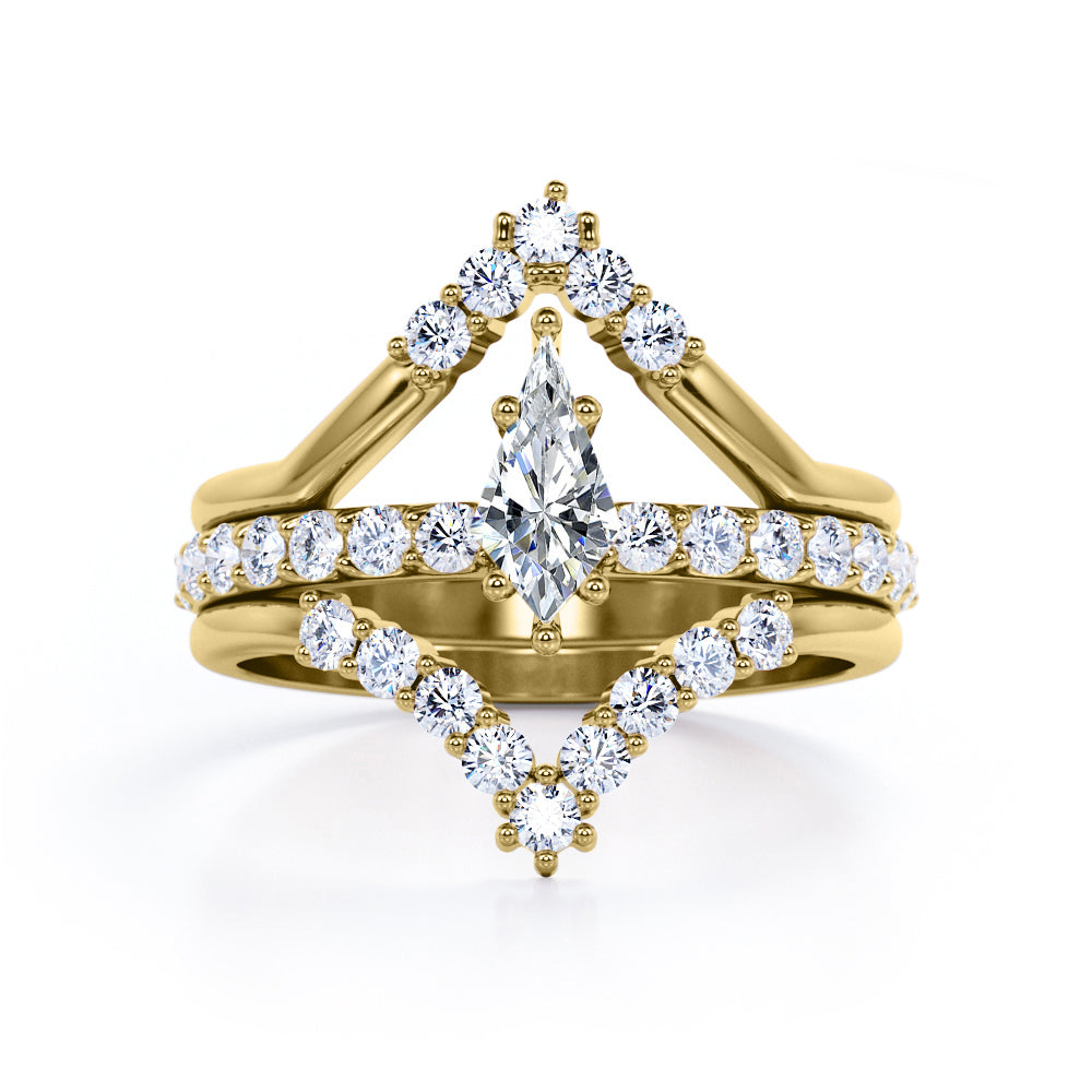 Double Kite Shape 0.8 carat Kite Moissanite and Diamond Trio Ring Set in White Gold