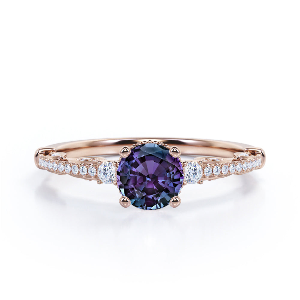 1.35 Carat Round Cut Lab Created Alexandrite And Diamond 3 Stone Engagement Ring In White Gold