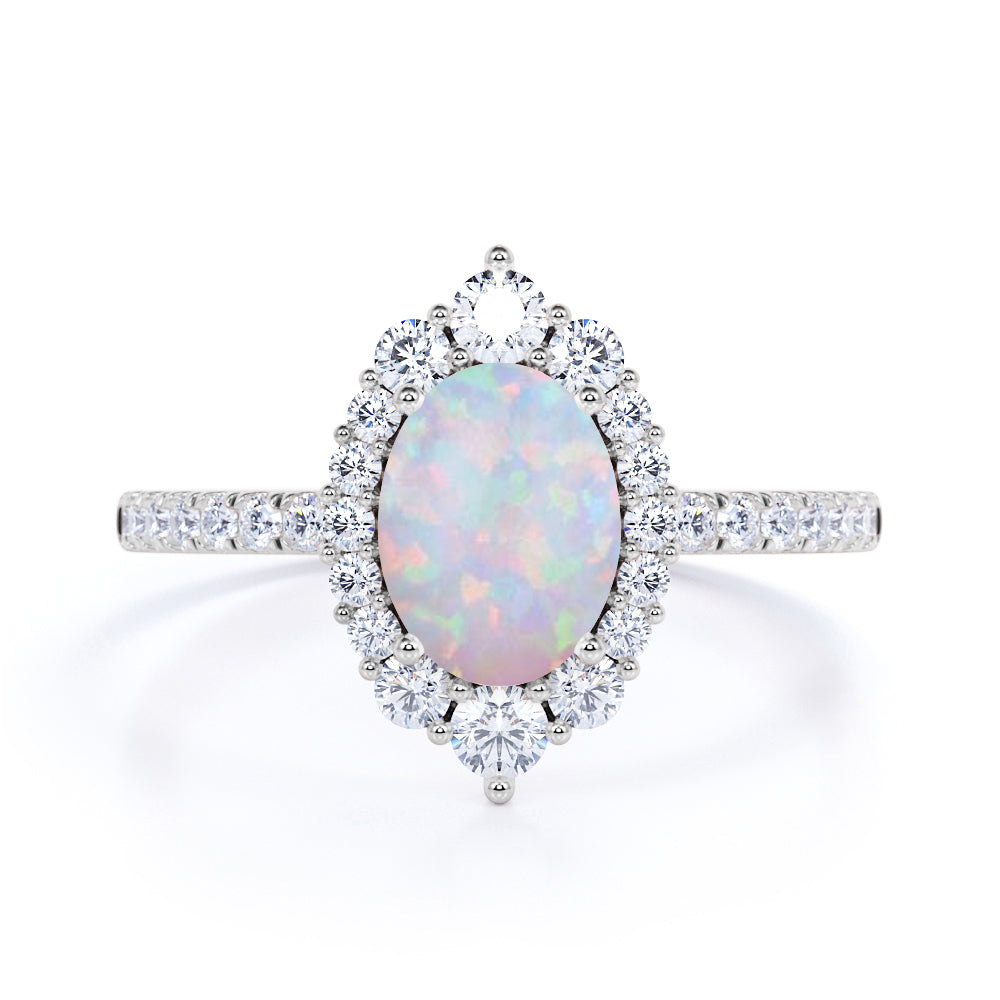 Huge 1.50 Carat Oval Mexican Fire Opal and Diamond Clustered Engagement Ring in Rose Gold