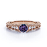 Vintage Prong Solitaire 1.25 Carat Round Cut Lab Made Purple Alexandrite and Diamond Art Deco Filigree Engagement Ring in White Gold for Her