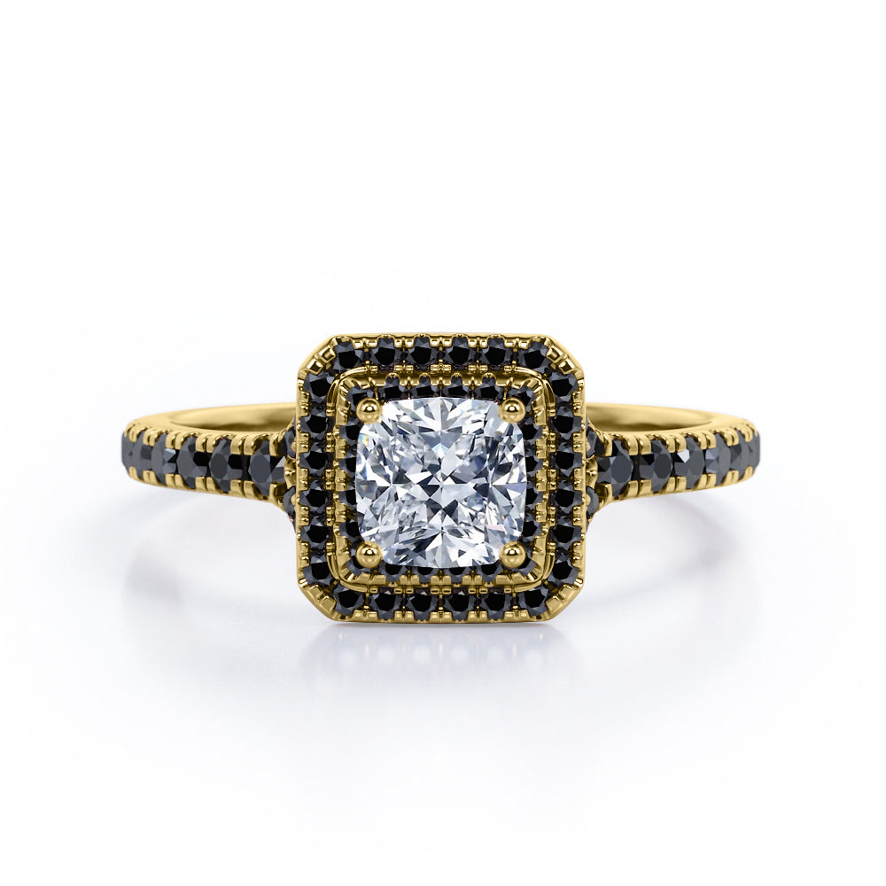 Double Halo Design - 1.45 TCW Princess Cut Moissanite with Lab Created Black Diamond - Engagement Ring with Pave Accents in Black Gold