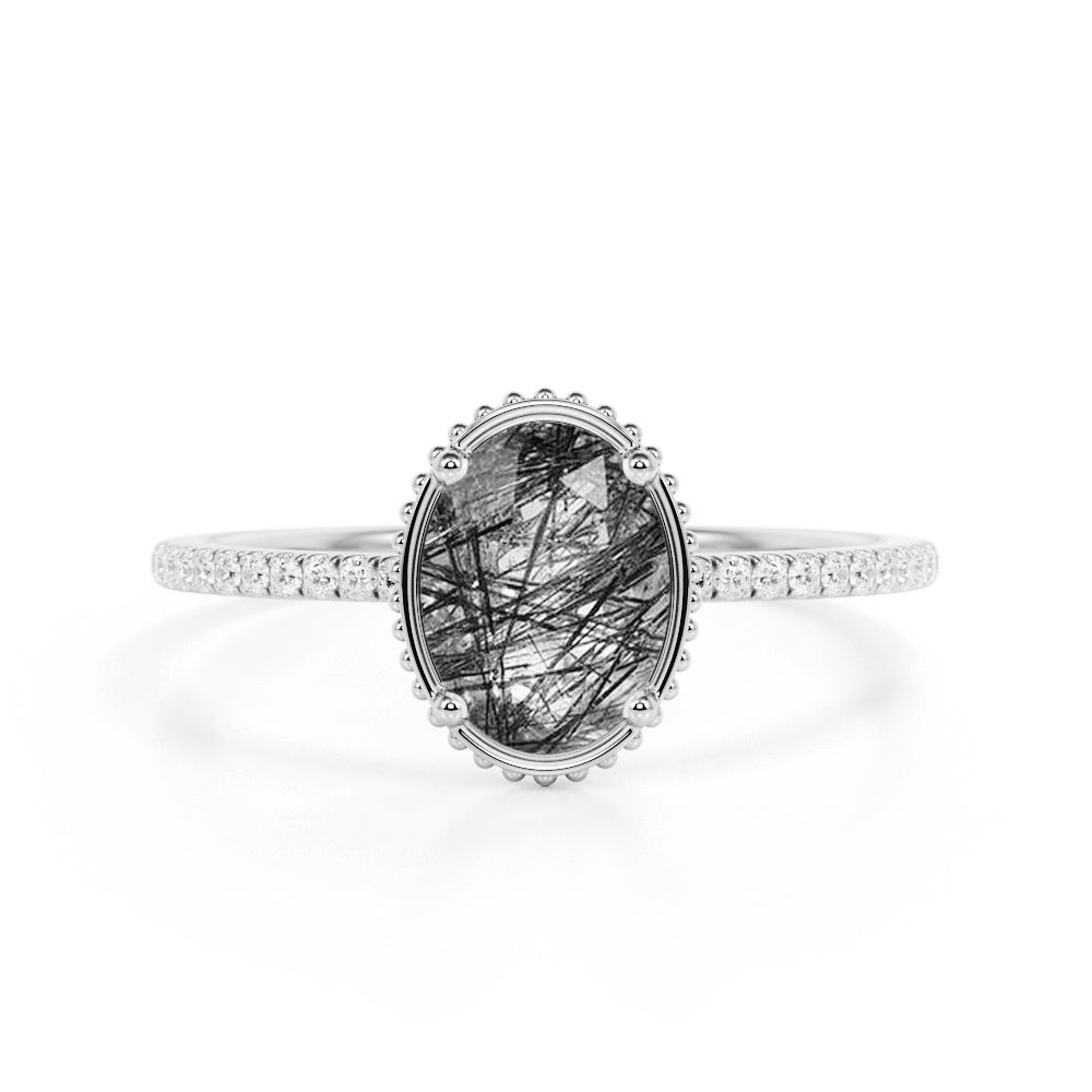 Classic Bezel Set 1.25 Carat Oval Cut Solid Dendritic Black Brown Rutilated Quartz and Diamond Pave Engagement Ring