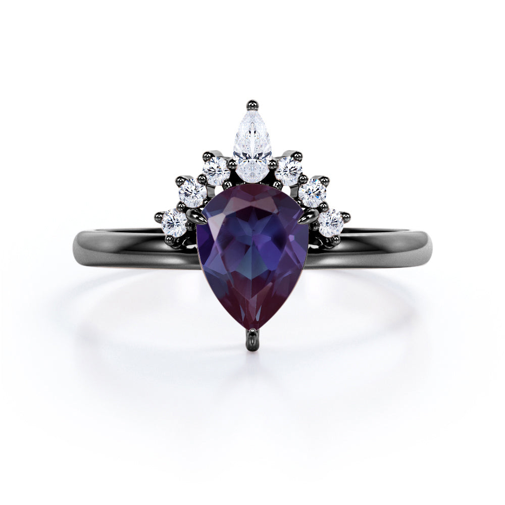 Tiara Design 1.25 Carat Pear Cut Lab Created Solitaire Alexandrite And Diamond Three Claws Unique Engagement Ring In White Gold