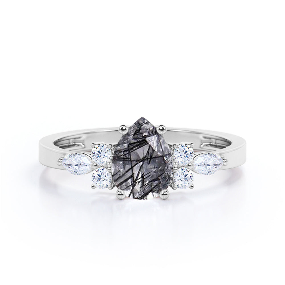 1.35 ct Pear Black Rutilated Quartz Seven Stone Engagement Ring