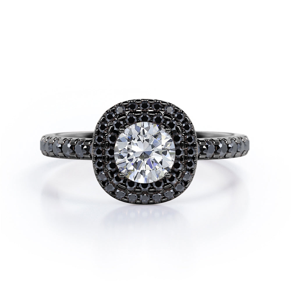 Cushion Double Halo - 1.5 TCW Round Cut Moissanite with Lab Created Black Diamond - Engagement Ring with Pave Accents in White Gold