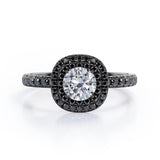 Cushion Double Halo - 1.5 TCW Round Cut Moissanite with Lab Created Black Diamond - Engagement Ring with Pave Accents in White Gold