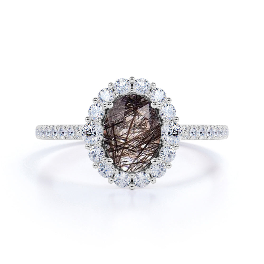 1.50 ct Oval Black Rutilated Quartz Cluster Pave Engagement Ring