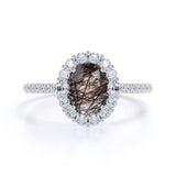 1.50 ct Oval Black Rutilated Quartz Cluster Pave Engagement Ring