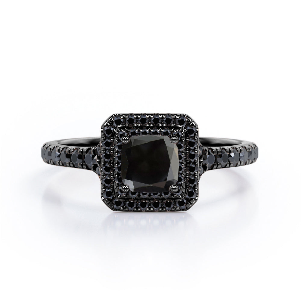 Double Halo Design - 1.45 TCW Princess Cut Lab Created Black Diamond - Engagement Ring with Pave Accents in White Gold