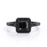 Double Halo Design - 1.45 TCW Princess Cut Lab Created Black Diamond - Engagement Ring with Pave Accents in White Gold