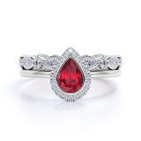 Classic Halo Plain Shank 2.50 Carat Pear Cut Lab Ruby and Diamond Eternity Wedding Set in White Gold
