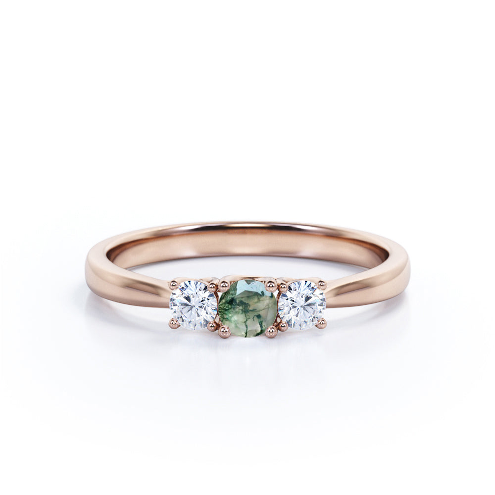 Classic trio ring - 1 carat Round Moss Agate and Moissanite Promise Ring in White Gold