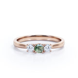 Classic trio ring - 1 carat Round Moss Agate and Moissanite Promise Ring in White Gold