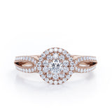 Double Halo Cluster 1.8 Carat Round-Shaped Moissanite and diamond Split-Shaked Milgrain Pave Engagement Ring in Rose Gold