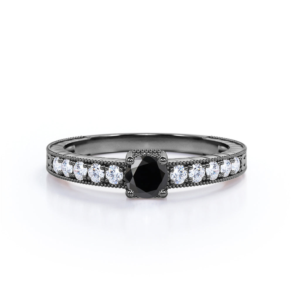 1.10 Carat Round Cut Lab Grown Black Diamond Vintage Milgrain Engagement Ring In White Gold