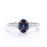 4 Claws Prong Basket 1.15 Carat Oval Cut Simulated Alexandrite and Diamond 7 Stone Engagement Ring