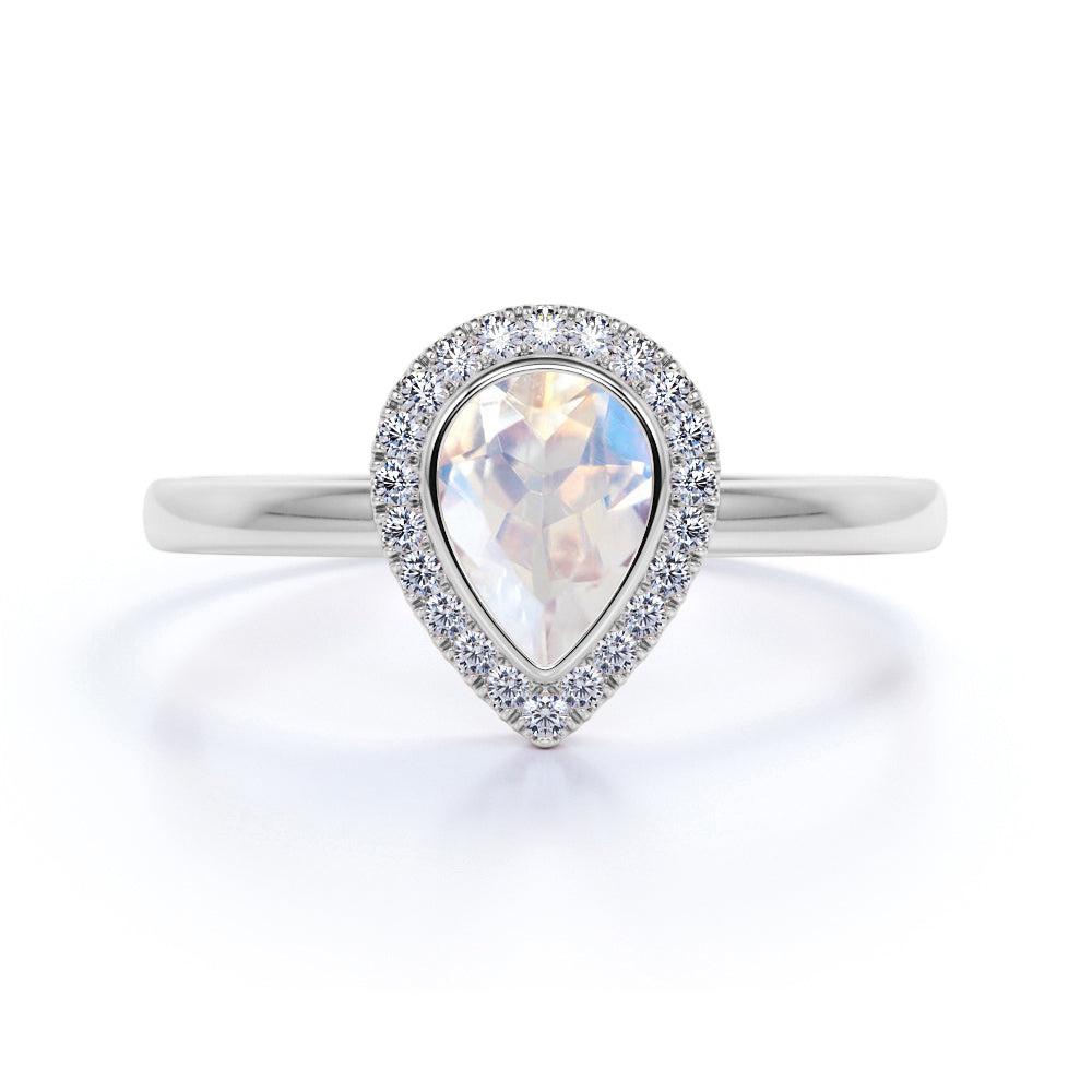 Shared Prong 1.75 Carat Teardrop Mystic Moonstone and Diamond Pave Engagement Ring in Rose Gold