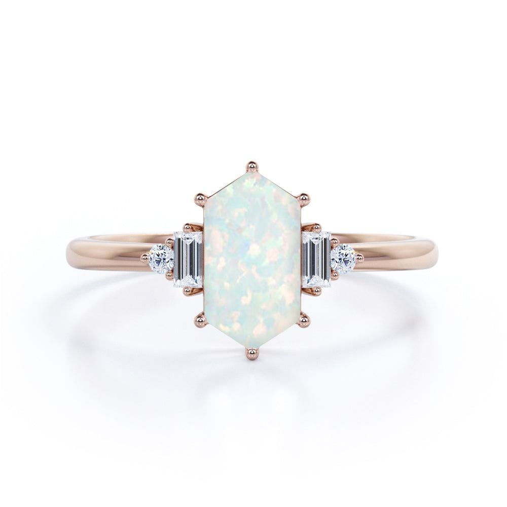 Unique Six Prong Basket Set 1.15 Carat Hexagon Shaped White Fire Opal And Diamond Five Stone Engagement Ring In White Gold.