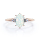 Unique Six Prong Basket Set 1.15 Carat Hexagon Shaped White Fire Opal And Diamond Five Stone Engagement Ring In White Gold.