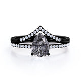 1.40 ct Pear Black Rutilated Quartz V Style Pave Bridal Set
