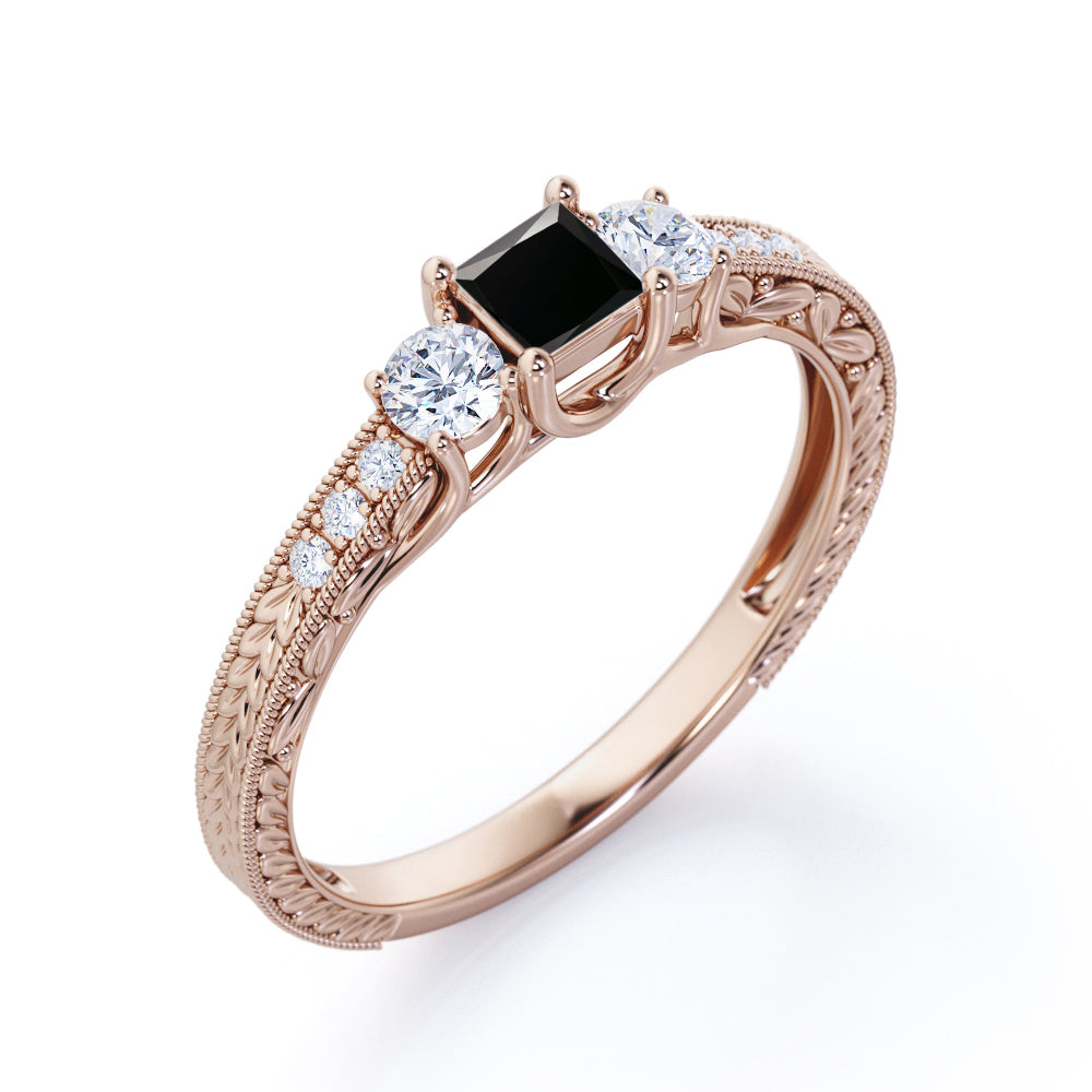 1 ct Princess Lab Black Diamond Milgrain Engagement Ring