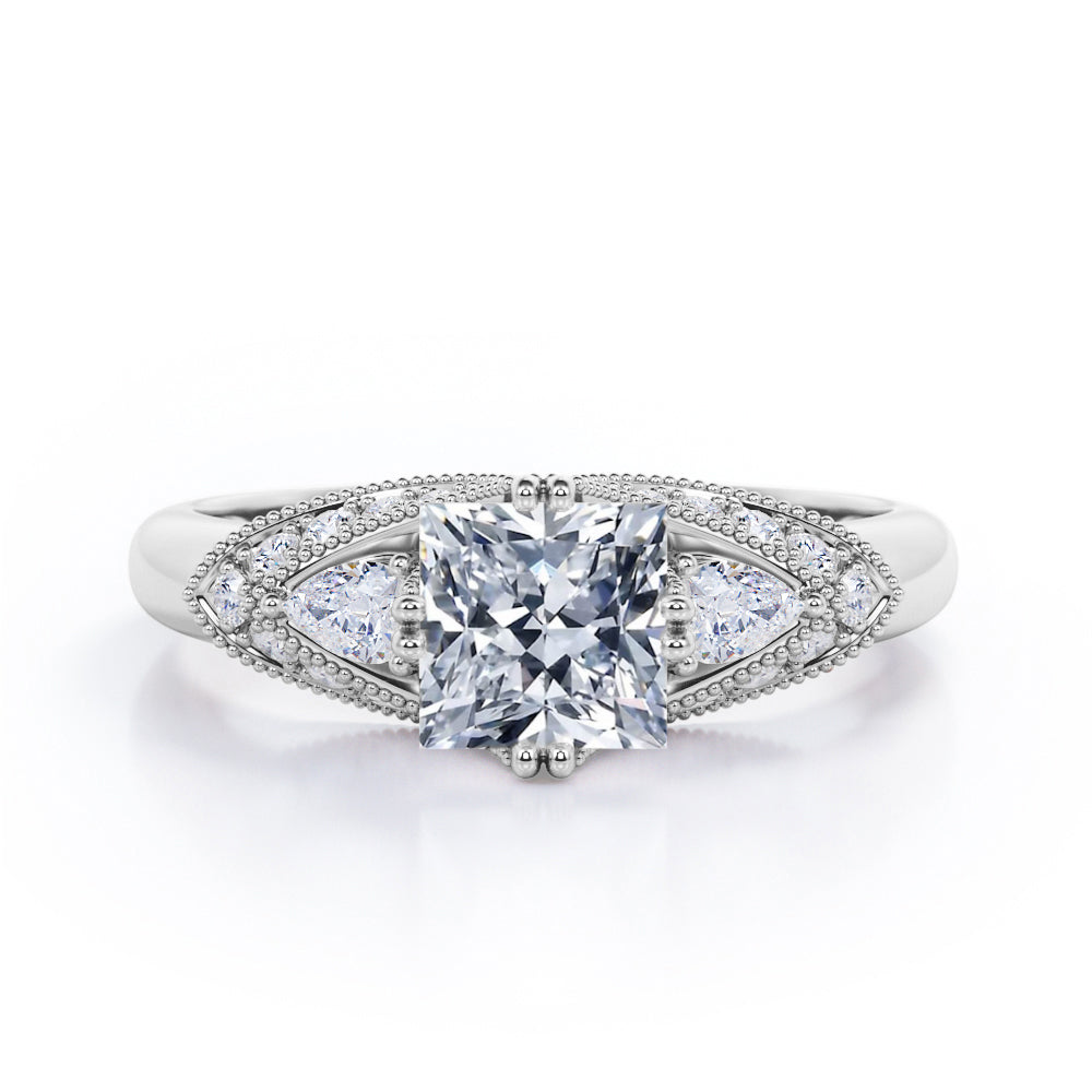 Vintage Eight Prongs 1.30 Carat Princess Cut Moissanite And Diamond Marquise Framed Beaded Engagement Ring In Black Gold