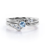Mini Channel Design 0.5 TCW Round Cut Aquamarine and Moissanite Six-Prong Bridal Ring Set in White Gold