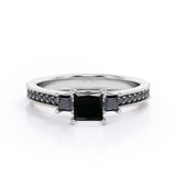 Trilogy Cathedral Prong - 1.4 TCW Princess Cut Lab Created Black Diamond - Milgrain Pave Channel Engagement Ring in White Gold