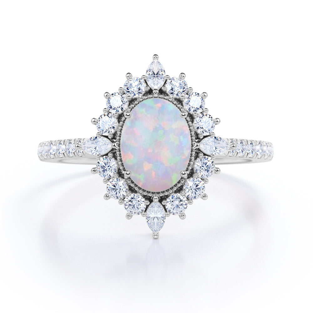 Beaded Halo 1.50 Carat Oval Cut Precious Fire Opal And Diamond Vintage Inspired Pave Engagement Ring In Rose Gold.
