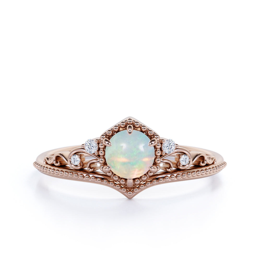0.75 Carat Round White Opal and Diamond Ring in White Gold - Vintage Opal Ring - Art Deco Ring