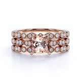 2 Carat Princess Cut Morganite and Moissanite Trio Wedding Ring Set in Rose Gold