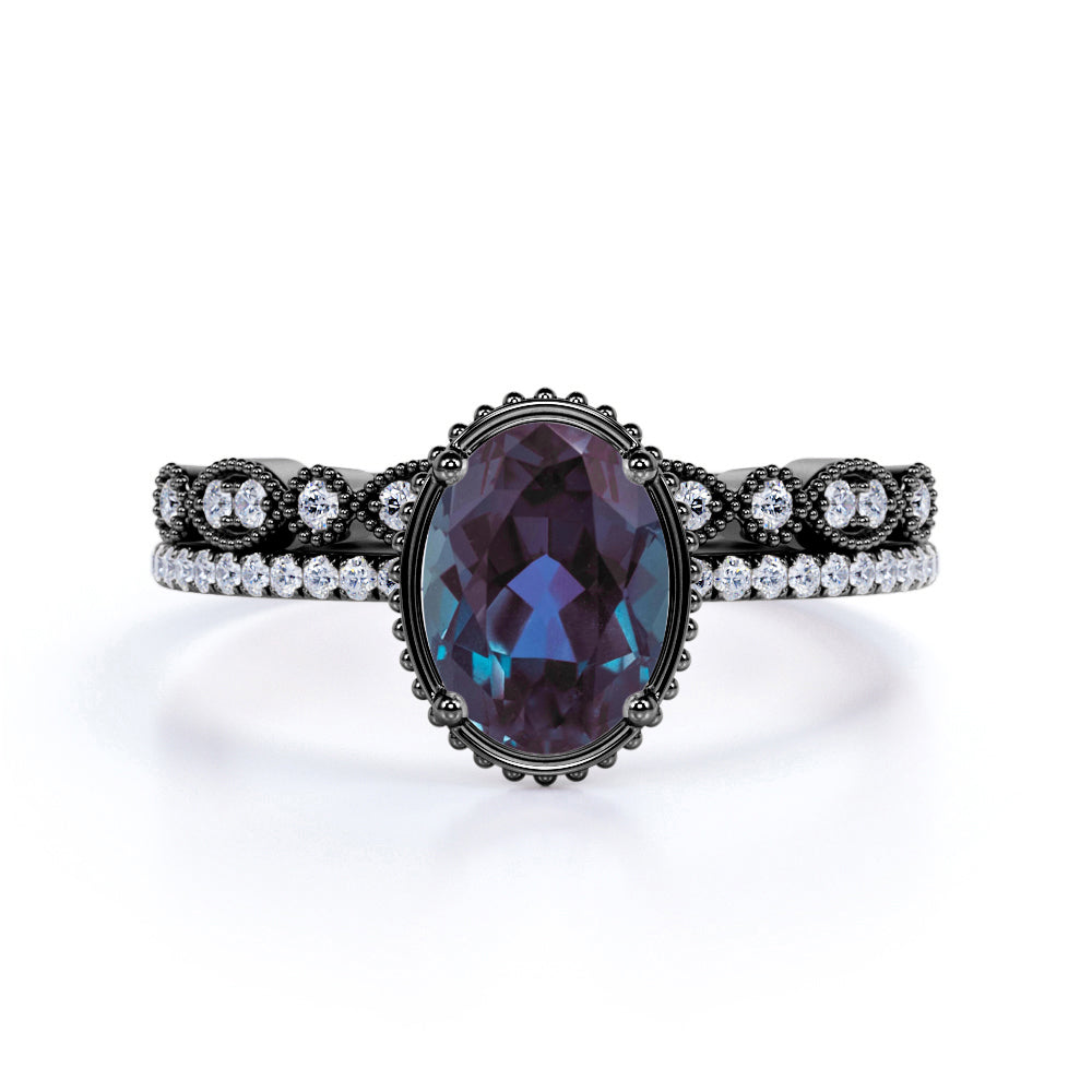 Classic Bezel Set 1.50 Carat Oval Cut Lab Created Alexandrite and Diamond Art Deco Bridal Set Rings