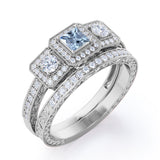 1.65 Carat Princess Cut Aquamarine And Diamond Halo Wedding Ring Set In White Gold