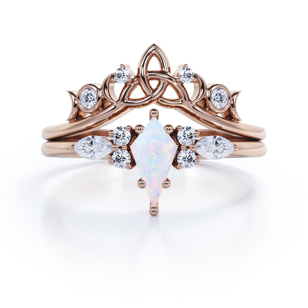 Asymmetric 1.40 Carat Kite Shaped Ethiopian Opal and diamond Seven Stone Tiara Style Wedding Ring Set In Black Gold