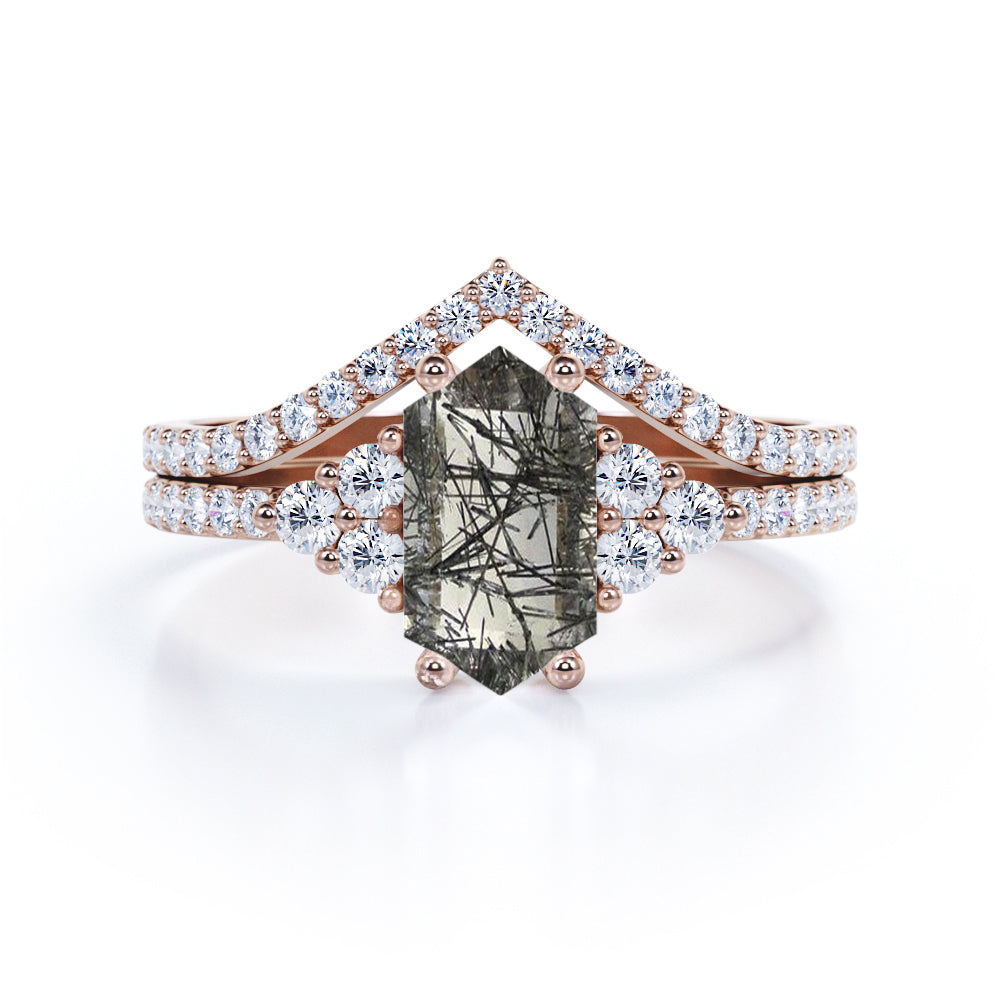 Chevron Pave 1.55 ct Hexagon Black Rutilated Quartz Bridal Set