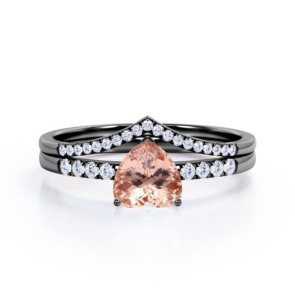 Exquisite 1.25 carat Heart Morganite and Moissanite Romantic Wedding Ring Set in Rose Gold