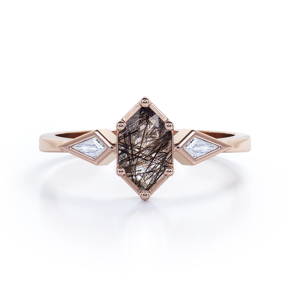 Elongated 1.10 Carat Hexagon Shaped Genuine Black Rutilated Quartz And Diamond Three Stone Trilogy Engagement Ring In Black Gold