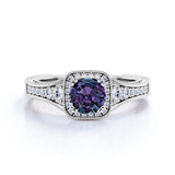 Vintage Filigree 1.35 Carat Round Cut Lab Created Alexandrite And Diamond Eight Prong Halo Engagement  Ring In White Gold