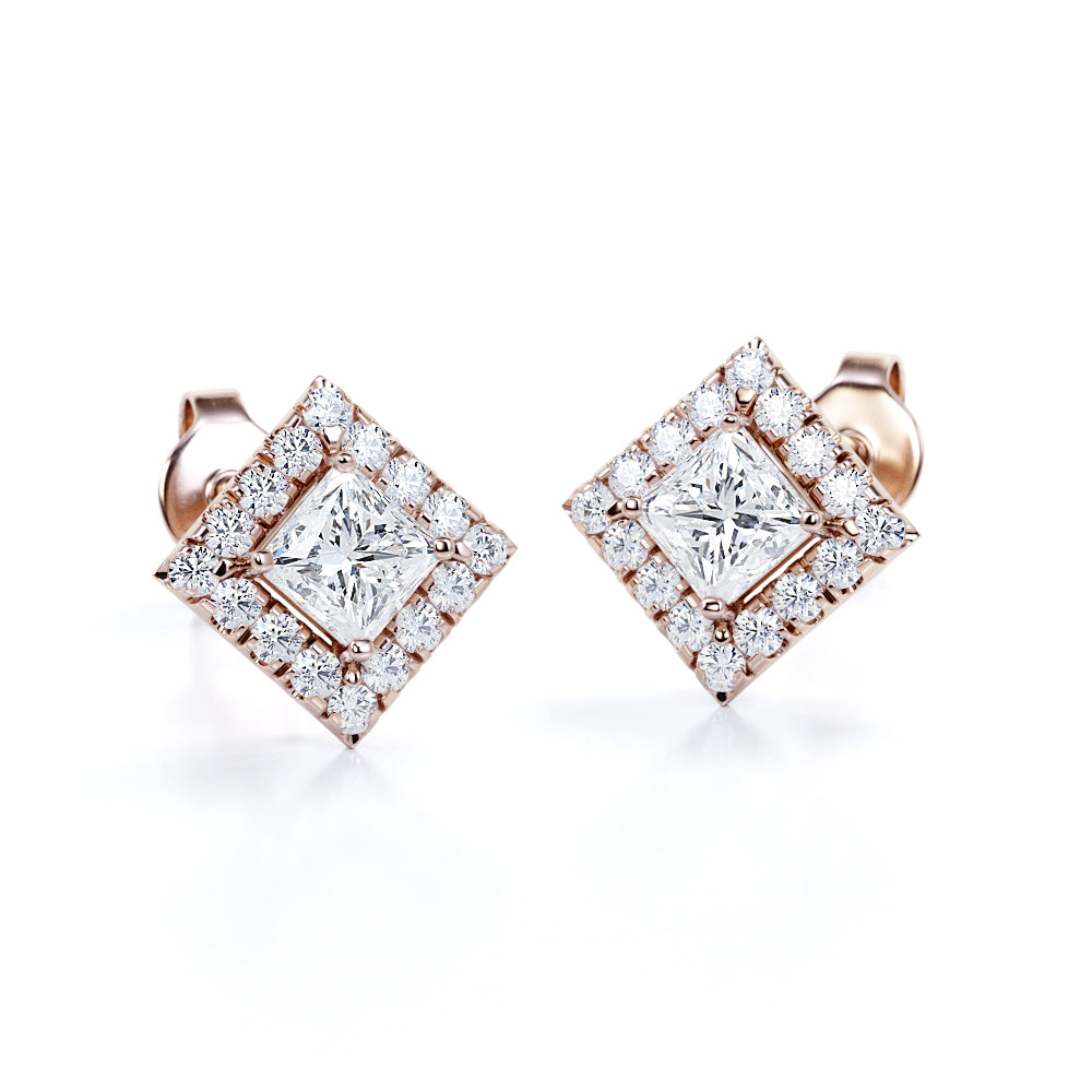 Bezel Set French Pave 1.10 Carat Princess Cut Certified Moissanite and Diamond 4 Claw Ear Studs for Women in Yellow Gold