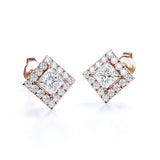 Bezel Set French Pave 1.10 Carat Princess Cut Certified Moissanite and Diamond 4 Claw Ear Studs for Women in Yellow Gold