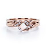 Petite Pave-Channel - 0.55 TCW Rhombus Princess Cut Opal and Moissanite - Prong Tensioned Wedding Ring Set - Rose Gold