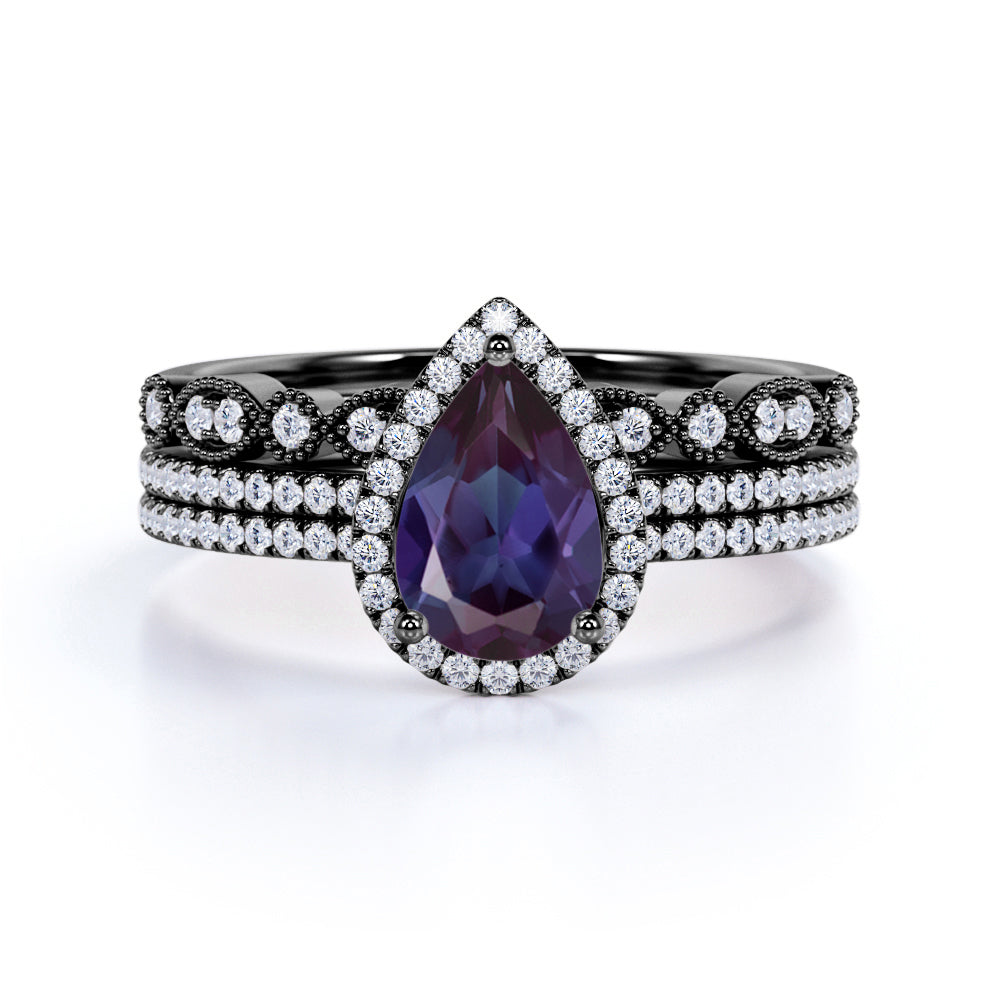 Pave Art Deco 2 Carat Lab Created Alexandrite and Diamond Halo Vintage Trio Bridal Set Rings