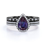 Pave Art Deco 2 Carat Lab Created Alexandrite and Diamond Halo Vintage Trio Bridal Set Rings