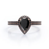 Scalloped Pave - 1.75 TCW Pear Shaped Lab Created Black Diamond - Halo Design Bridal Set in White Gold