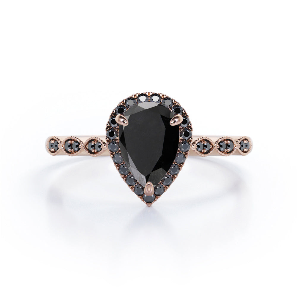 1.4 ct Pear Lab Black Diamond Art Deco Halo Engagement Ring