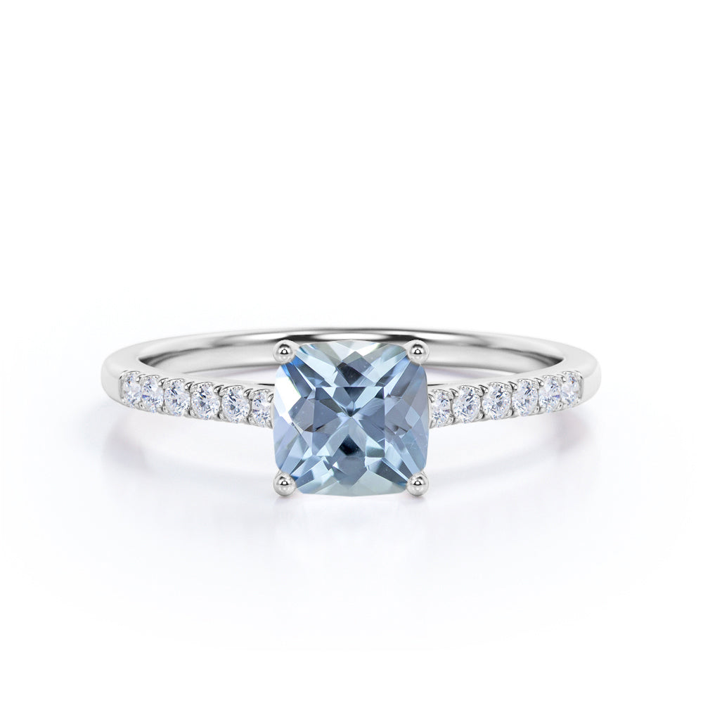 Simple Solitaire 1.50 Carat Cushion Cut Natural Vivid Blue Aquamarine and Diamond Semi Eternity Pave Classic Engagement Ring