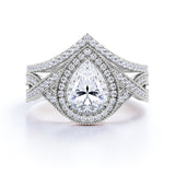 1.75 Carat Pear Cut Moissanite Wedding Set - Bridal Set - Art Deco Ring - Halo Ring - Cluster Ring - 18k White Gold Over Silver