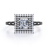 Scalloped 1.1 carat Princess Cut Moissanite and Diamond Engagement Ring in Black Gold